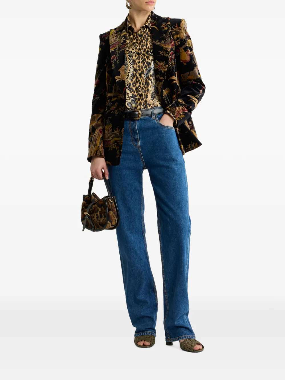 ETRO Fluweel-katoenen blazer met dubbele rij knopen en bloemen- en dieren-print Zwart