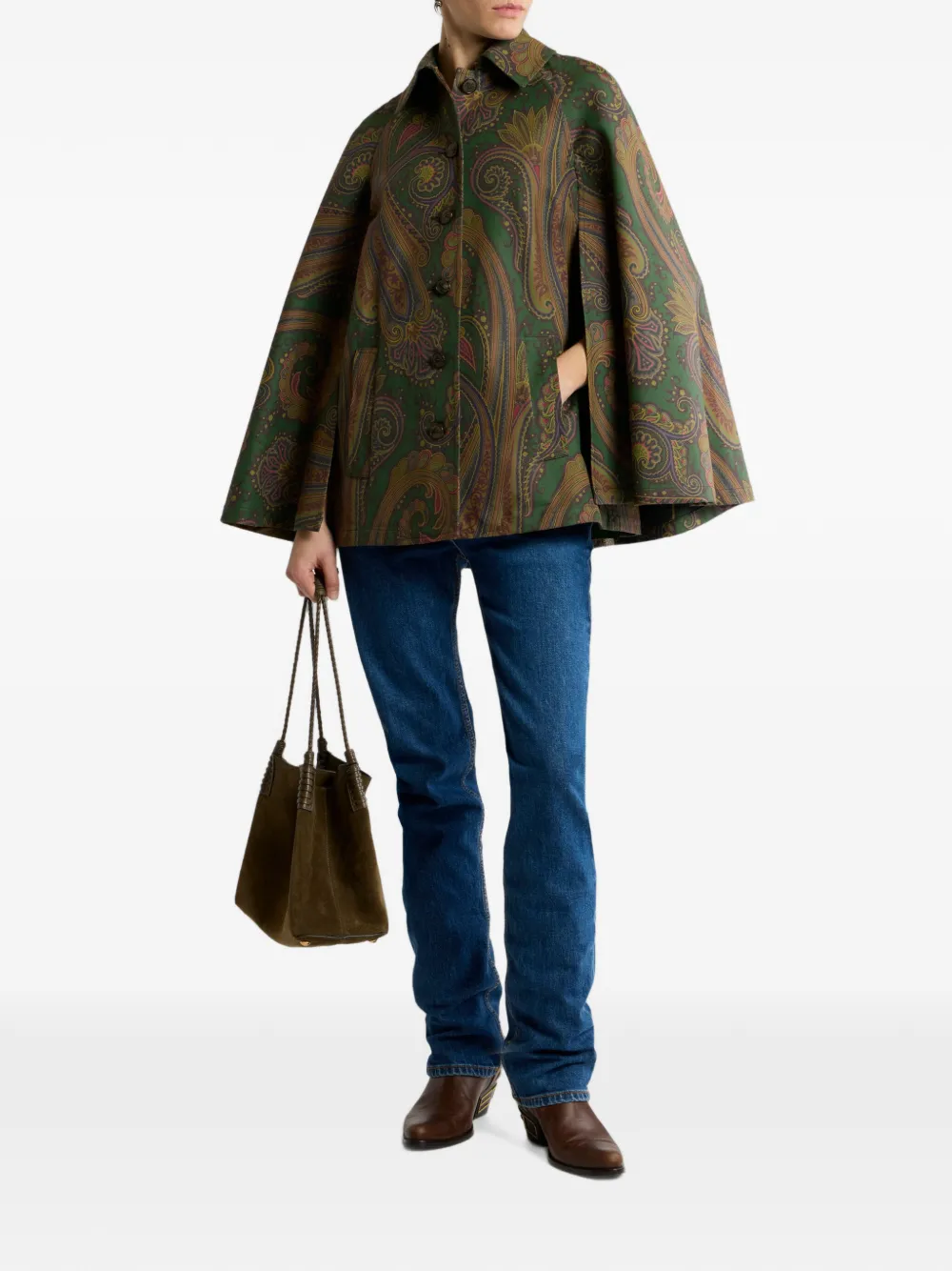 ETRO Katoenen gabardine trenchcoat-stijl cape met Paisley-motief Groen