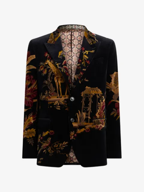 ETRO veste en velours de coton à poitrine unique avec imprimé fleur et animal