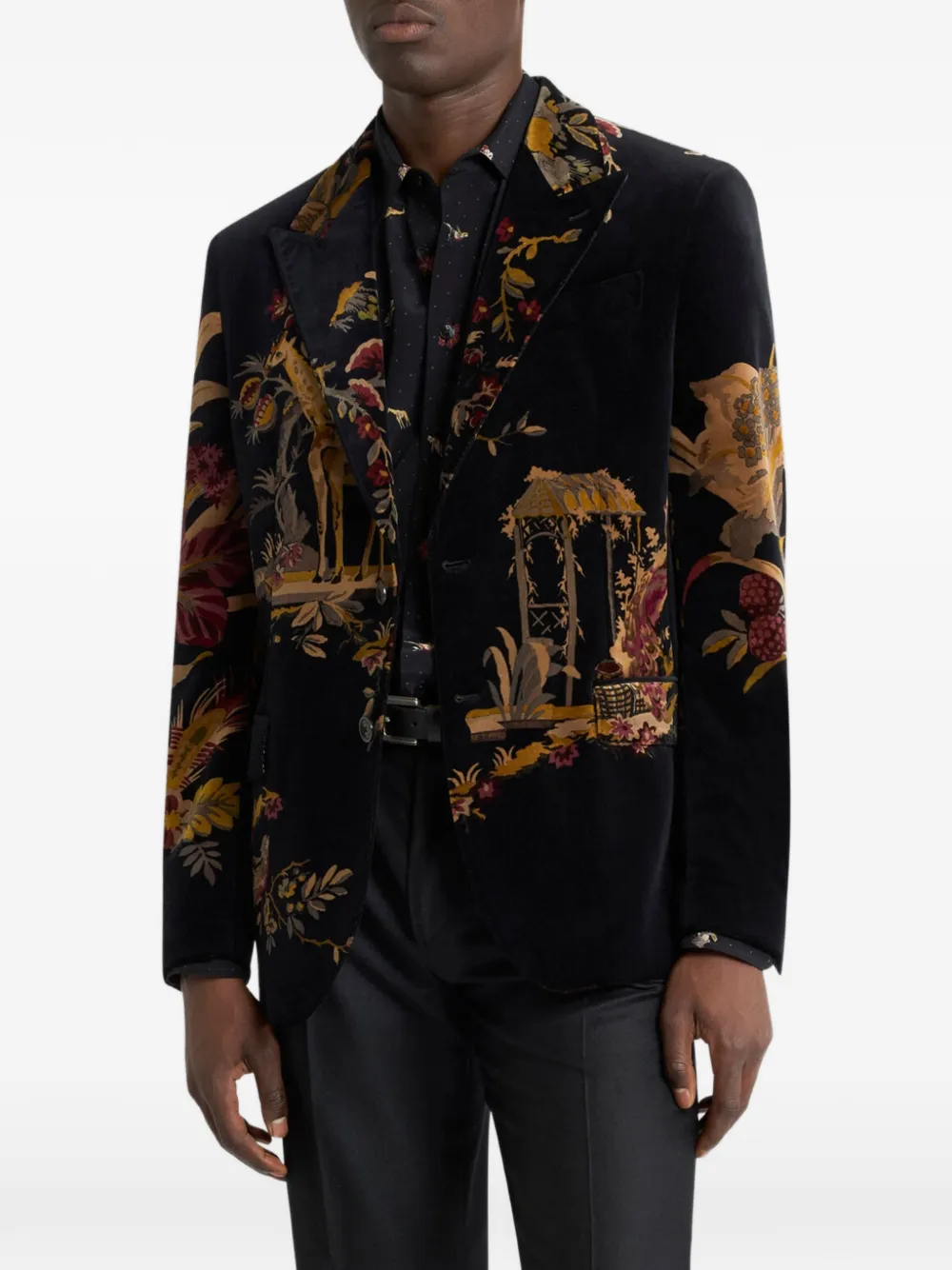 ETRO Katoenen fluwelen colbert met enkele rij knopen en bloemen- en dieren-print Zwart