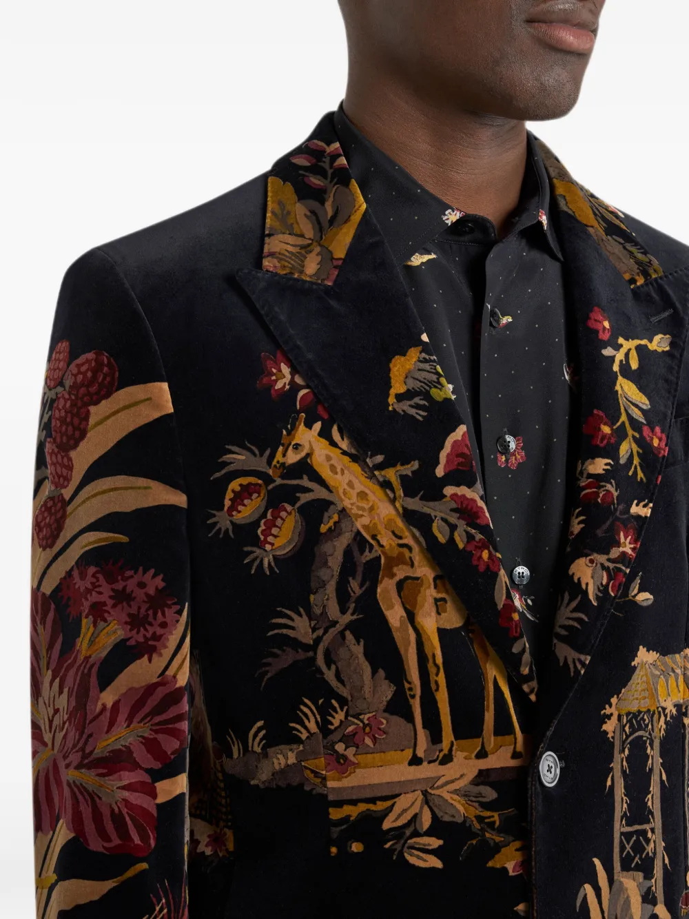 ETRO Katoenen fluwelen colbert met enkele rij knopen en bloemen- en dieren-print Zwart