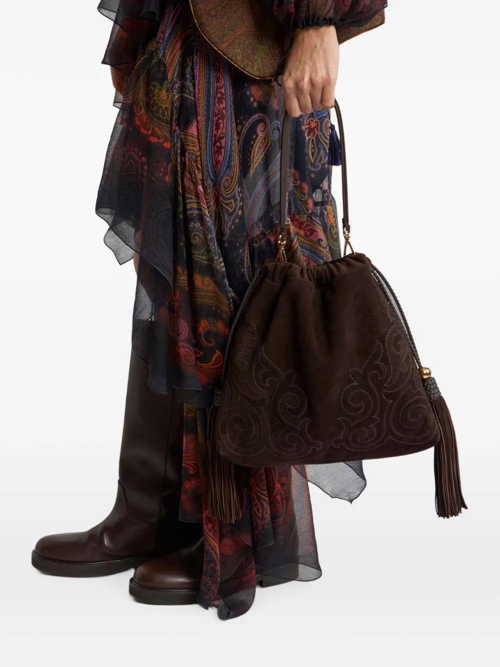 ETRO Medium Kalispera suède tas met patch en kwastjes Bruin