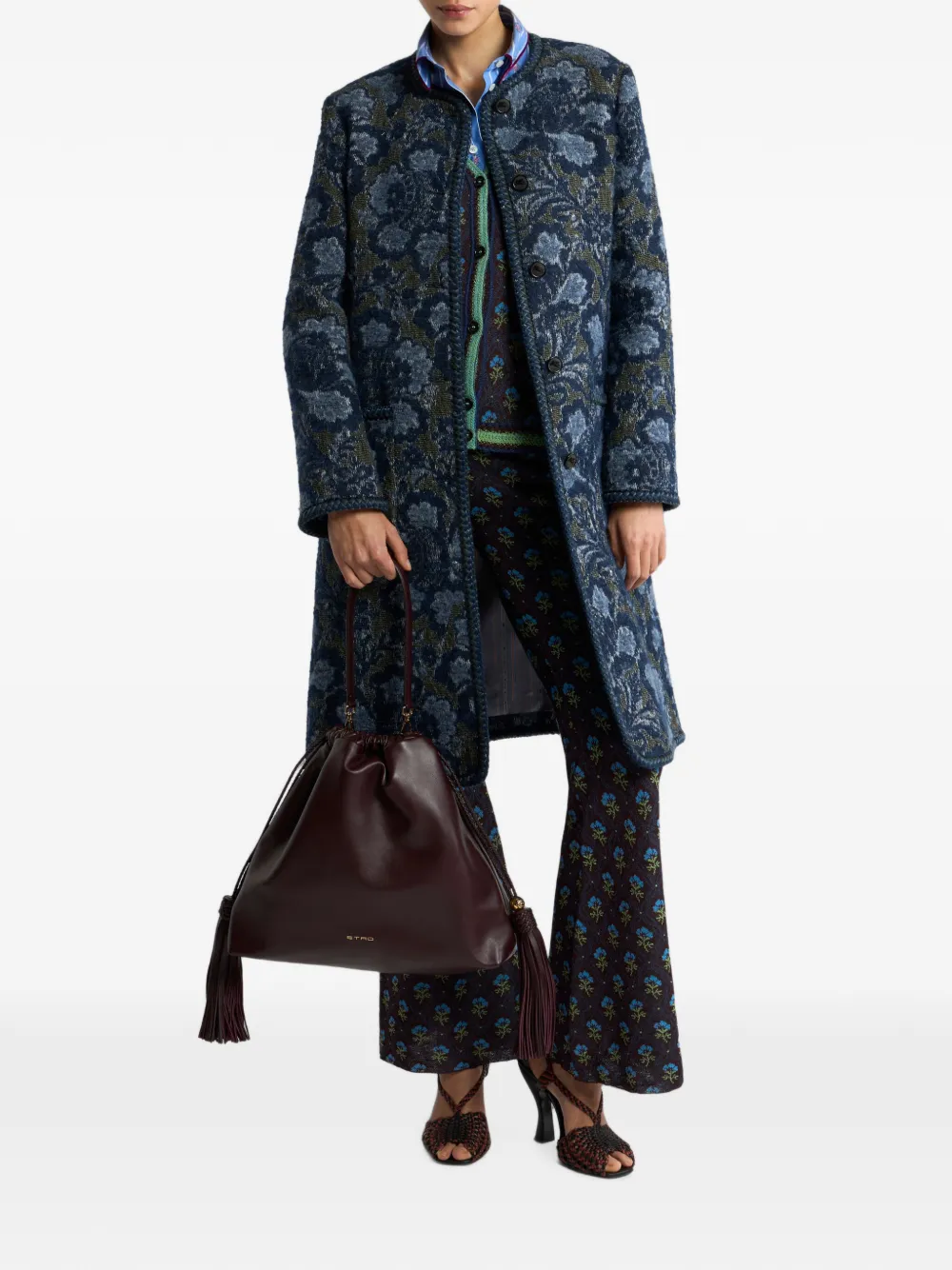 ETRO Jas van katoen-blend bouclé jacquard met bloemen-motief Blauw