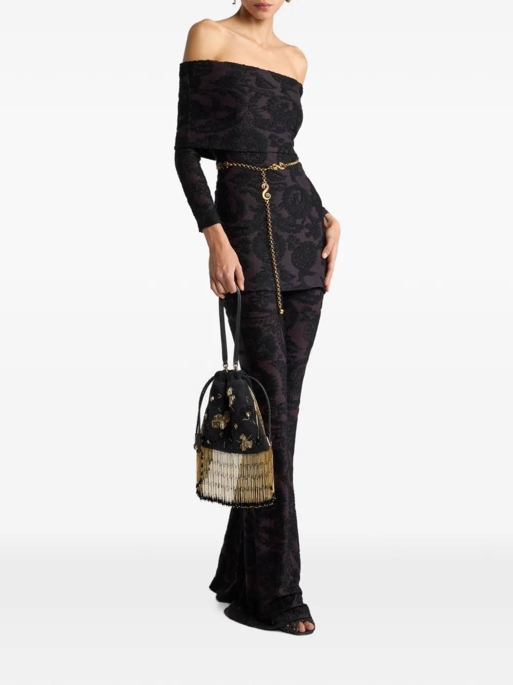 ETRO Flared broek in chenille jacquard met Paisley gebladerte motief Paars