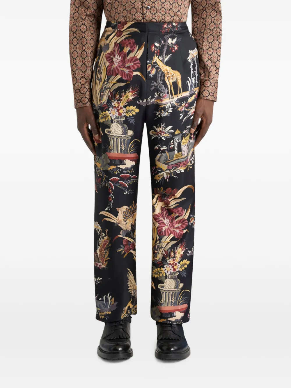 ETRO Zijden pyjama-stijl broek met bloem- en dier-motief Zwart