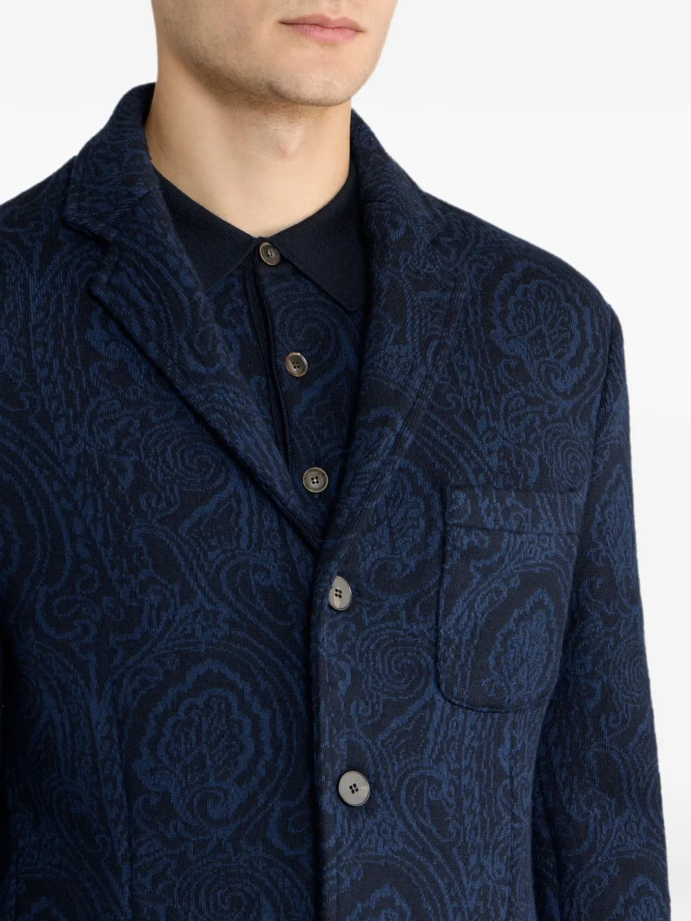 ETRO Wollenblend jacquard colbert met enkele rij knopen en Arnica-motief Blauw