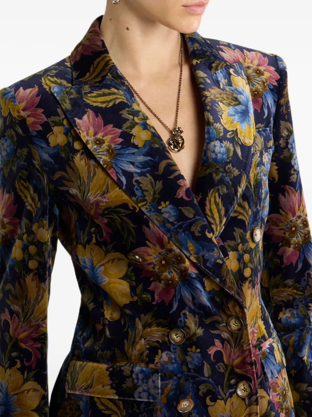 ETRO Fluweel-katoenen blazer met dubbele rij knopen en bloemen-print Blauw
