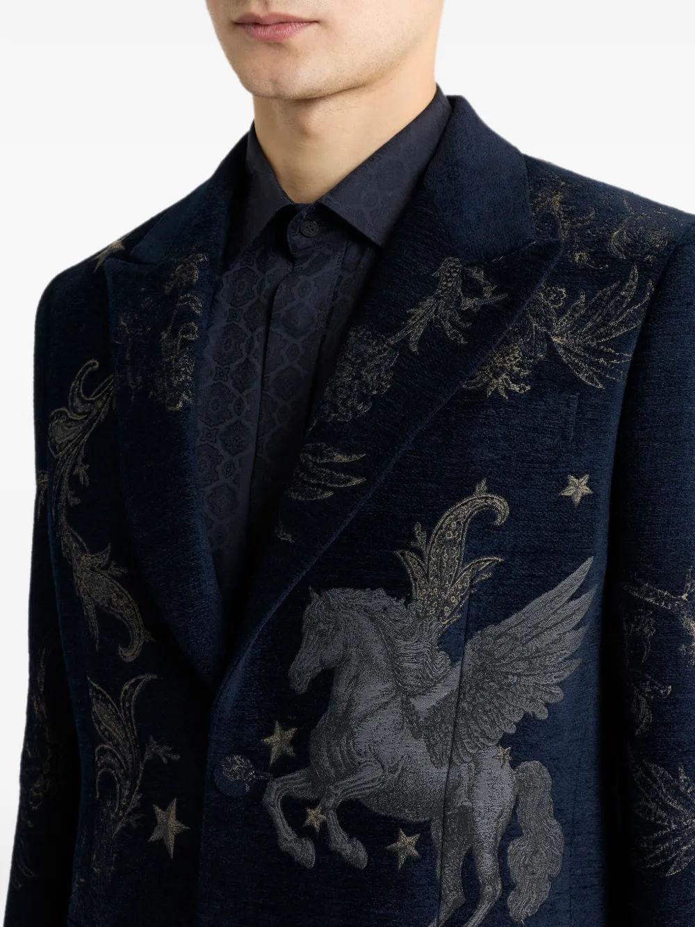 ETRO Chenille jacquard colbert met enkele rij knopen en Pegaso-motief Blauw