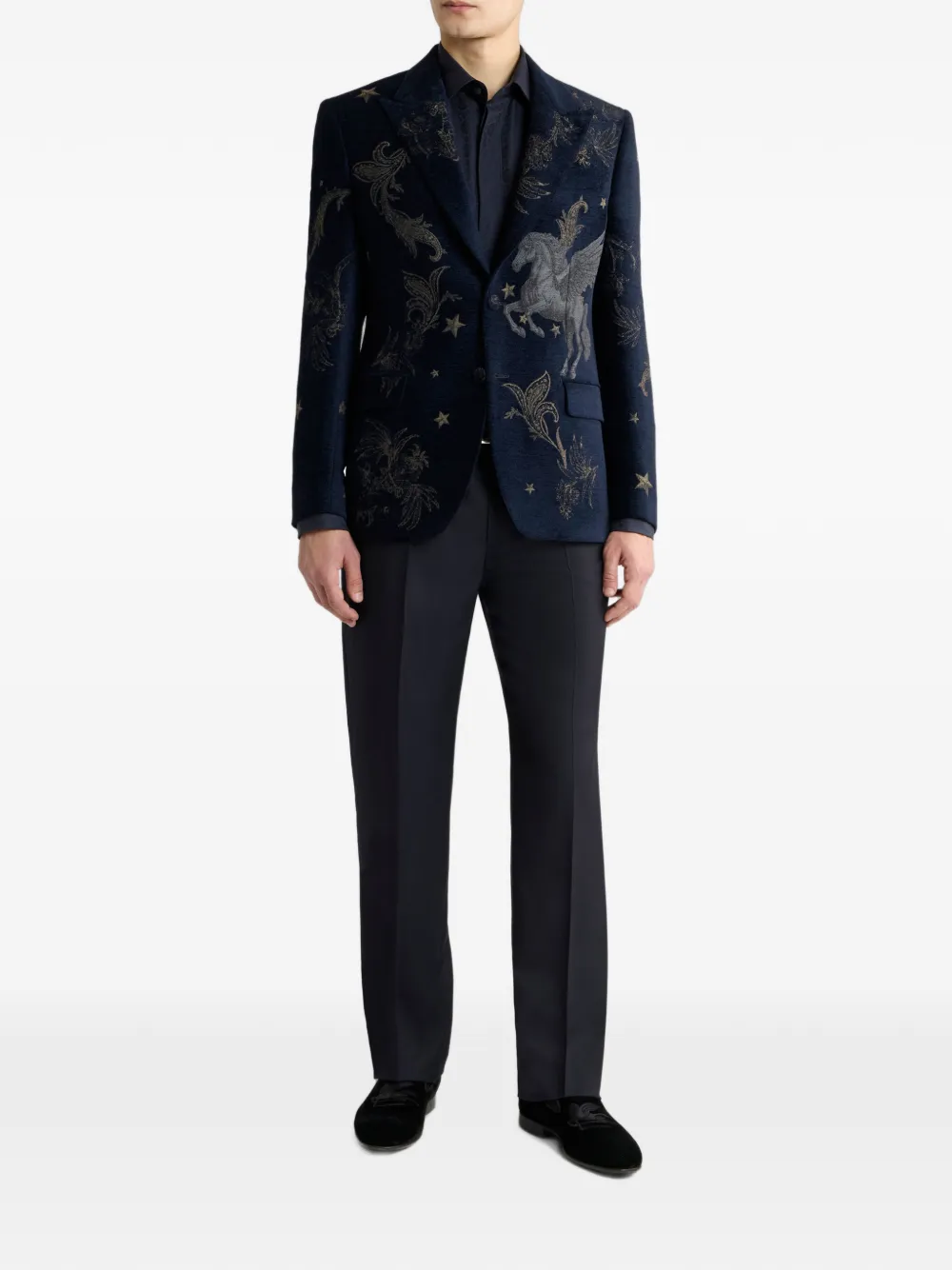 ETRO Chenille jacquard colbert met enkele rij knopen en Pegaso-motief Blauw