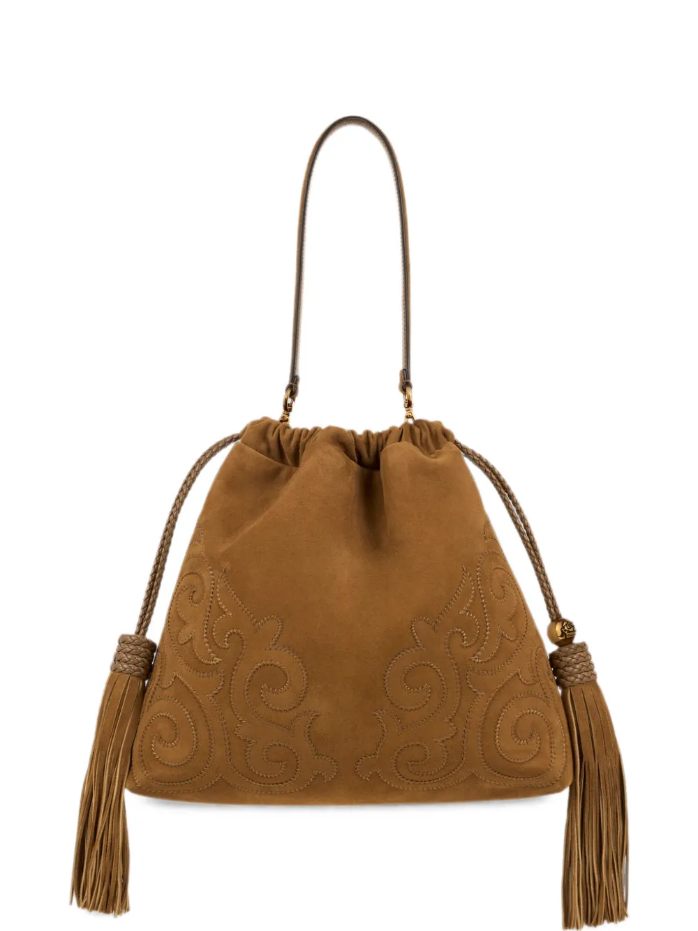 ETRO Borsa Kalispera media in pelle scamosciata con applicazione e nappe - Marrone