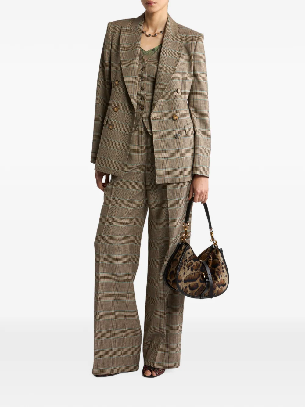 ETRO Stretch-wollen blazer met dubbele rij knopen en Prince of Wales-motief Beige