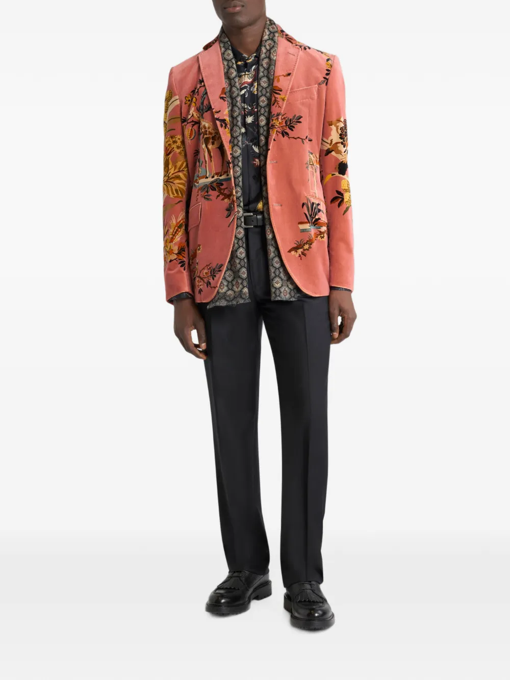 ETRO Katoenen fluwelen colbert met enkele rij knopen en bloemen- en dieren-print Roze