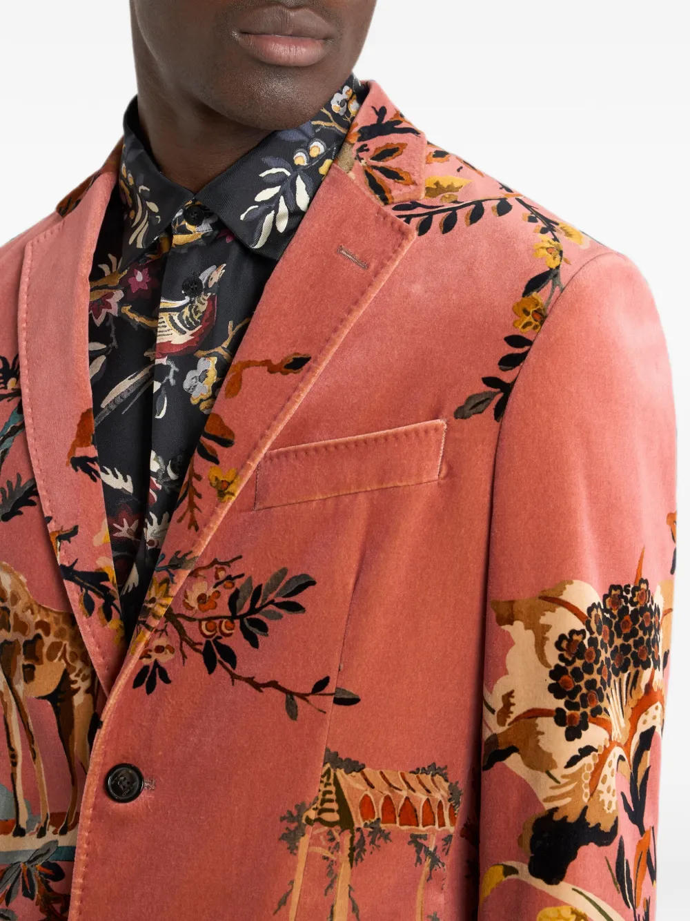 ETRO Katoenen fluwelen colbert met enkele rij knopen en bloemen- en dieren-print Roze