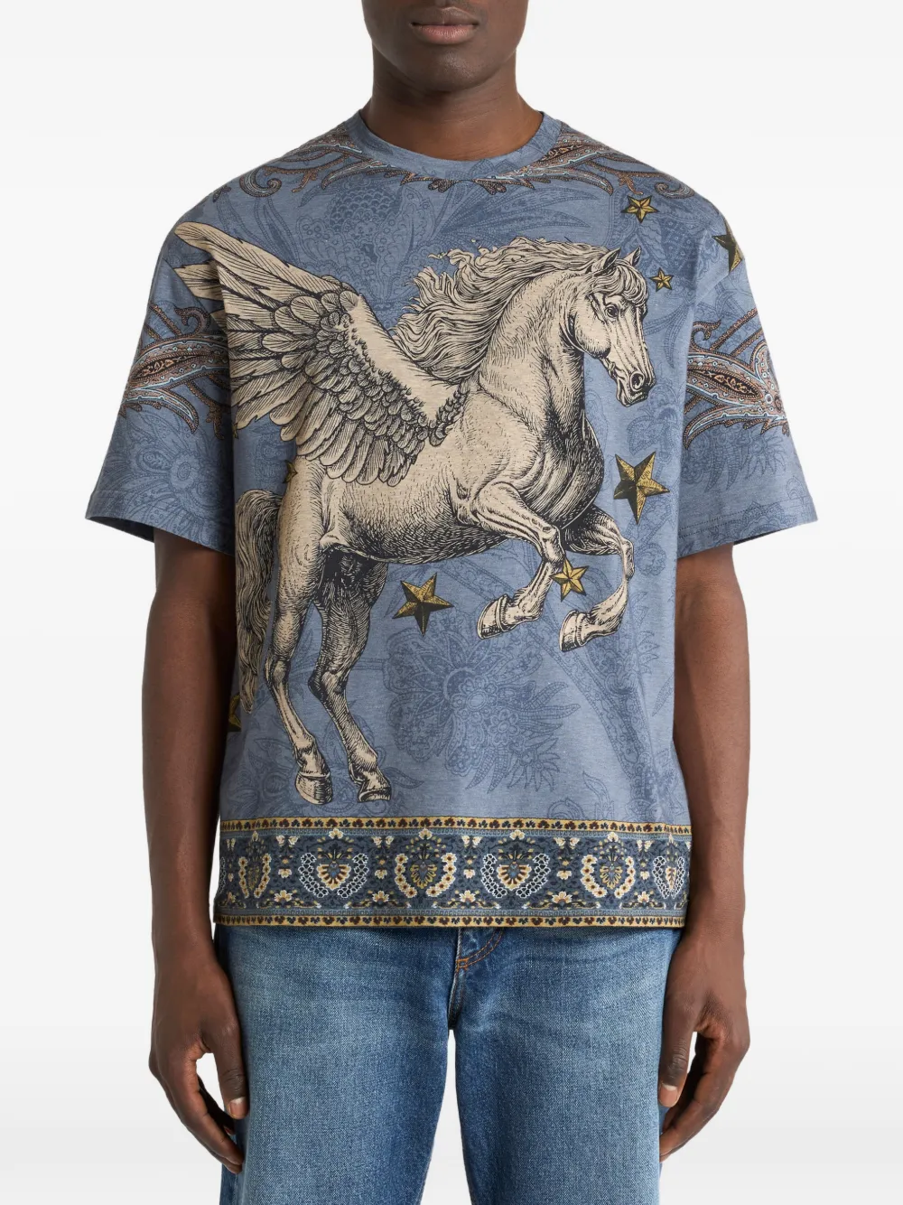 ETRO Katoenen jersey T-shirt met geplaatste Pegaso-print Blauw