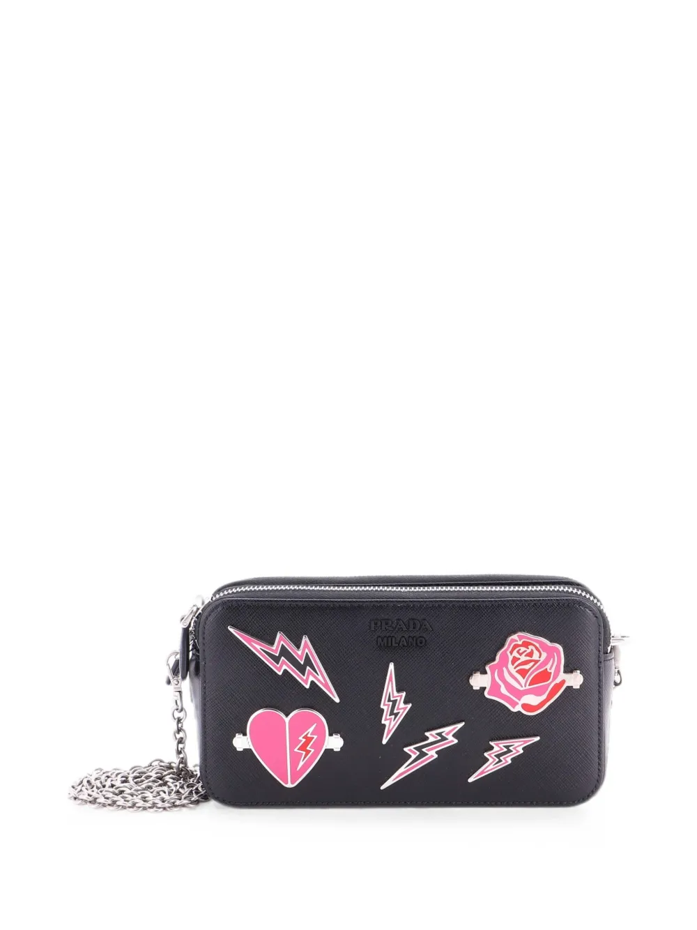  Prada Pre-owned Monochrome Double Zip Wallet On Chain Pin Embellished Saffiano Leather Crossbody Bag - Noir 
