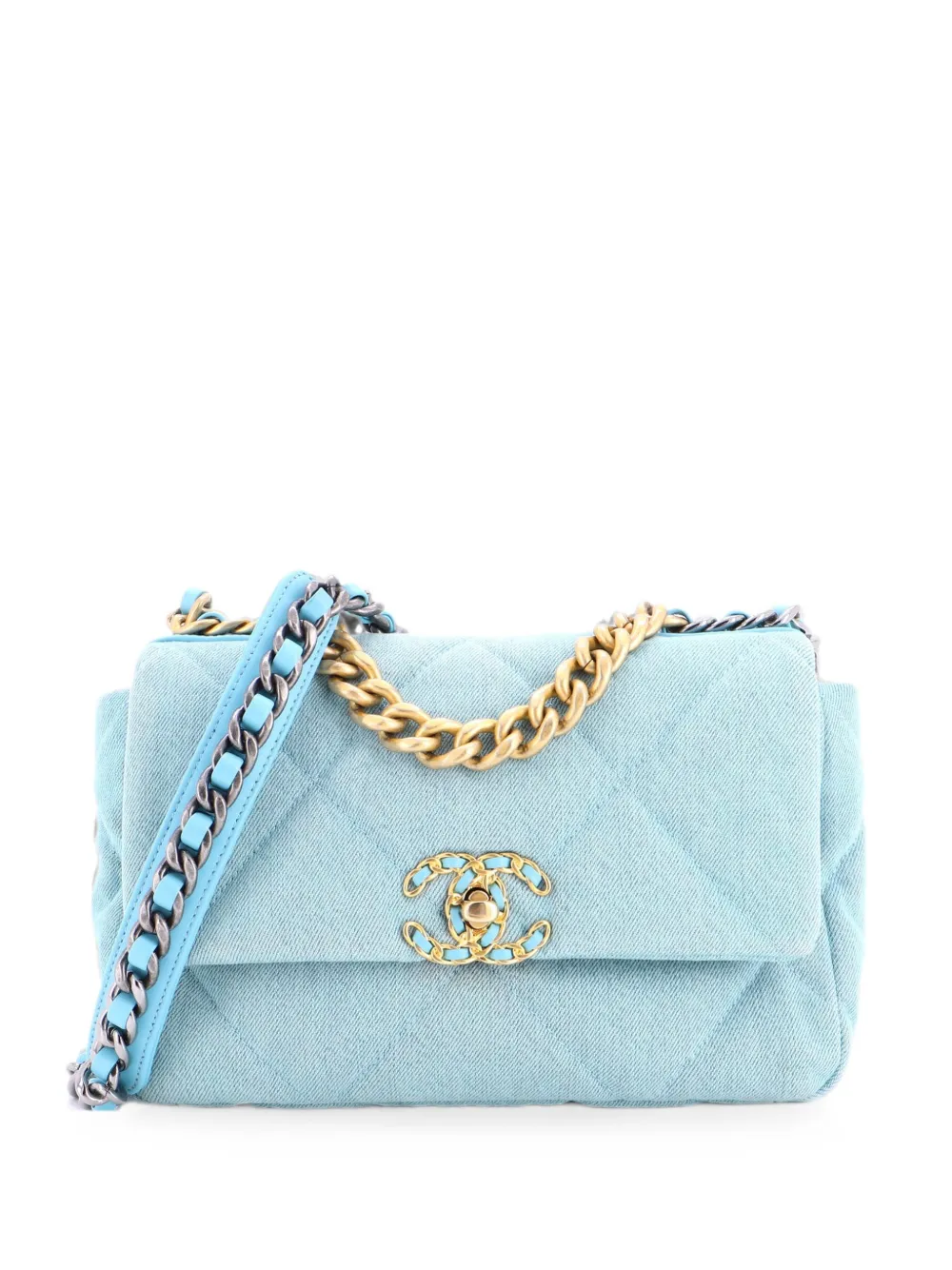 CHANEL Pre-Owned Borsa a spalla 19 media in denim trapuntato con battente - Blu