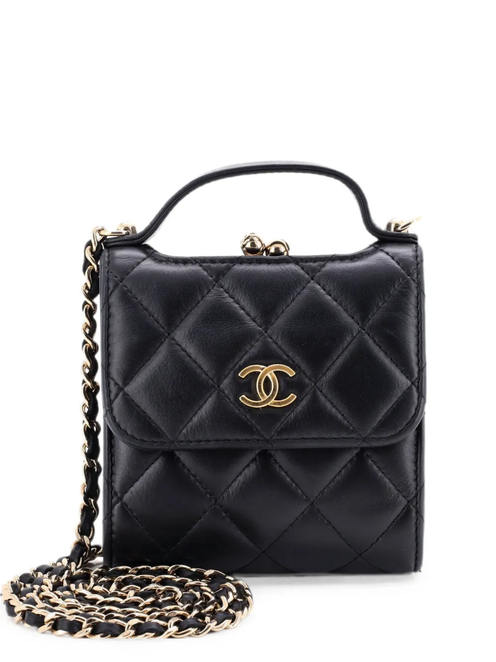 CHANEL Pre-Owned Borsa a spalla CC Kisslock Frame mini con catena in pelle di agnello - Nero