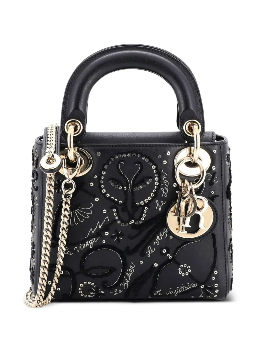 Christian Dior Pre-Owned Borsa a tracolla Lady Dior mini in pelle di vitello con ricamo e catena - Nero