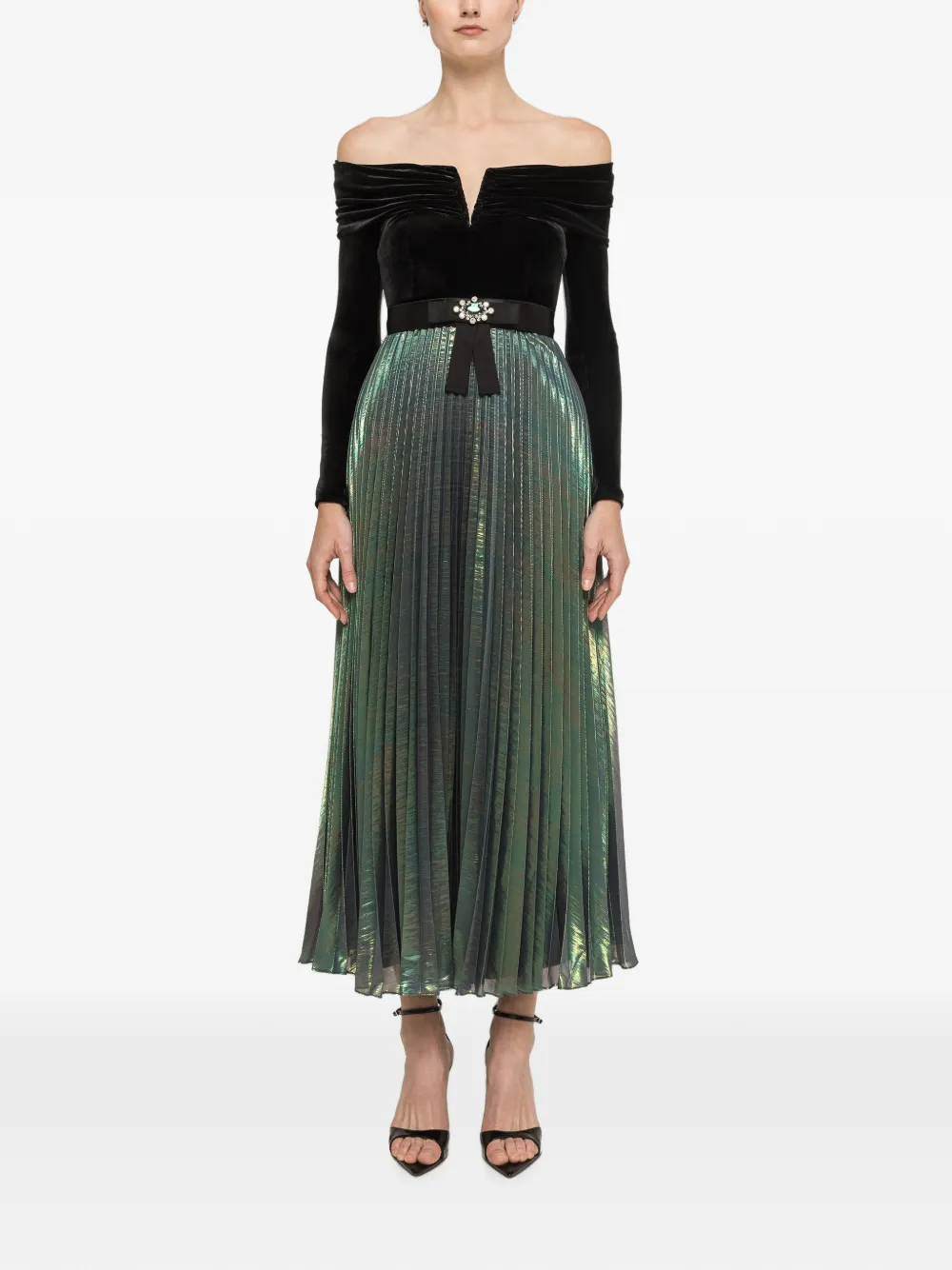 NISSA Abito midi con busto in velluto e chiffon metallizzato - Verde