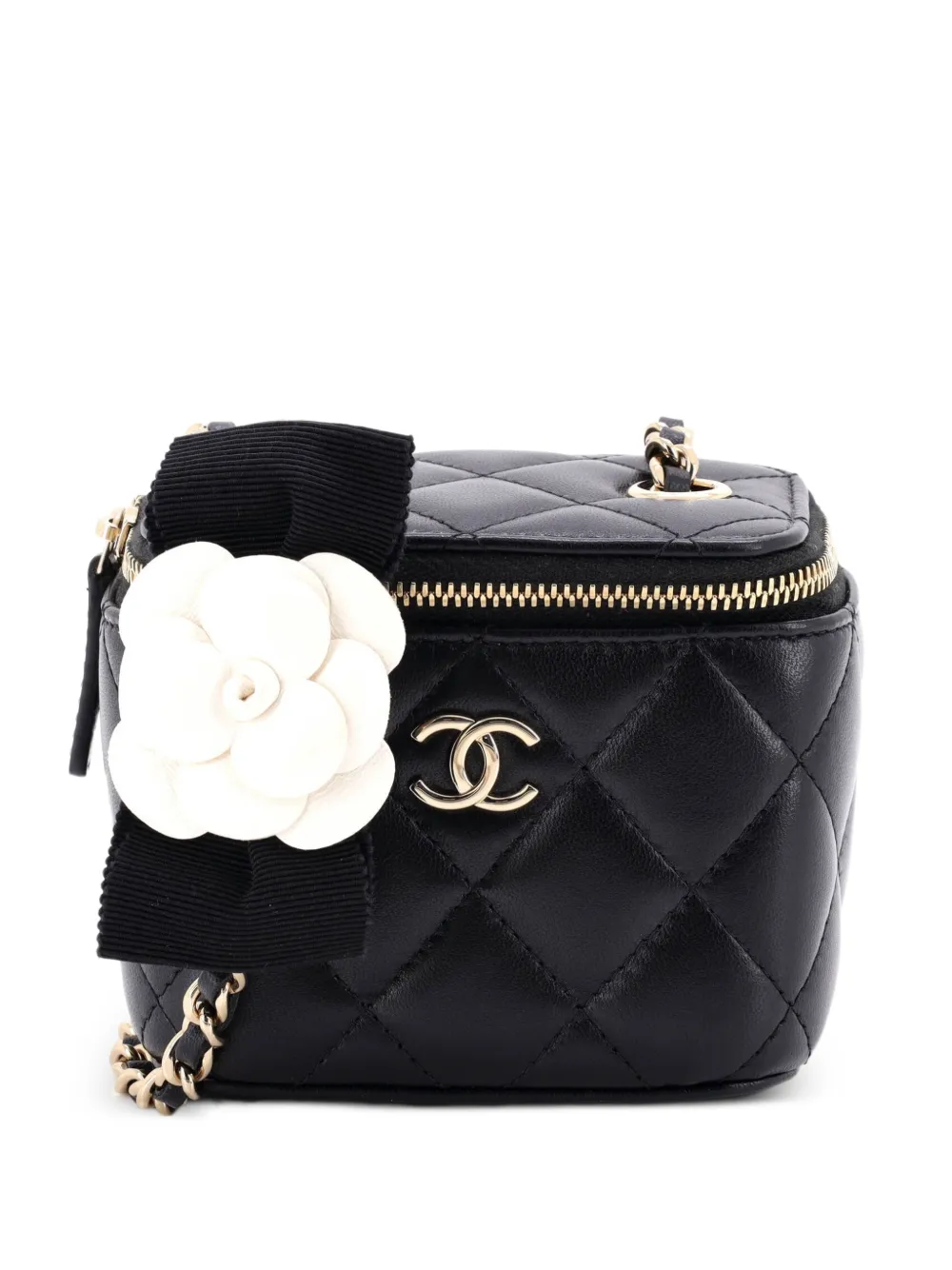 CHANEL Pre-Owned Borsa a tracolla Vanity Case mini in pelle di agnello trapuntata con fiocco e camelia - Nero