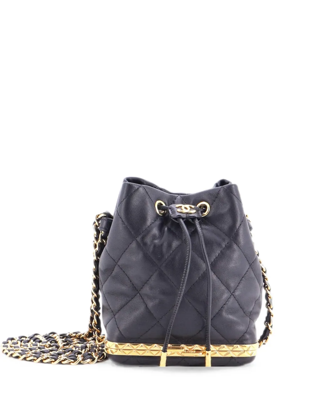 CHANEL Pre-Owned Lock Frame with Chain Quilted Lambskin Small bucket bag - Black