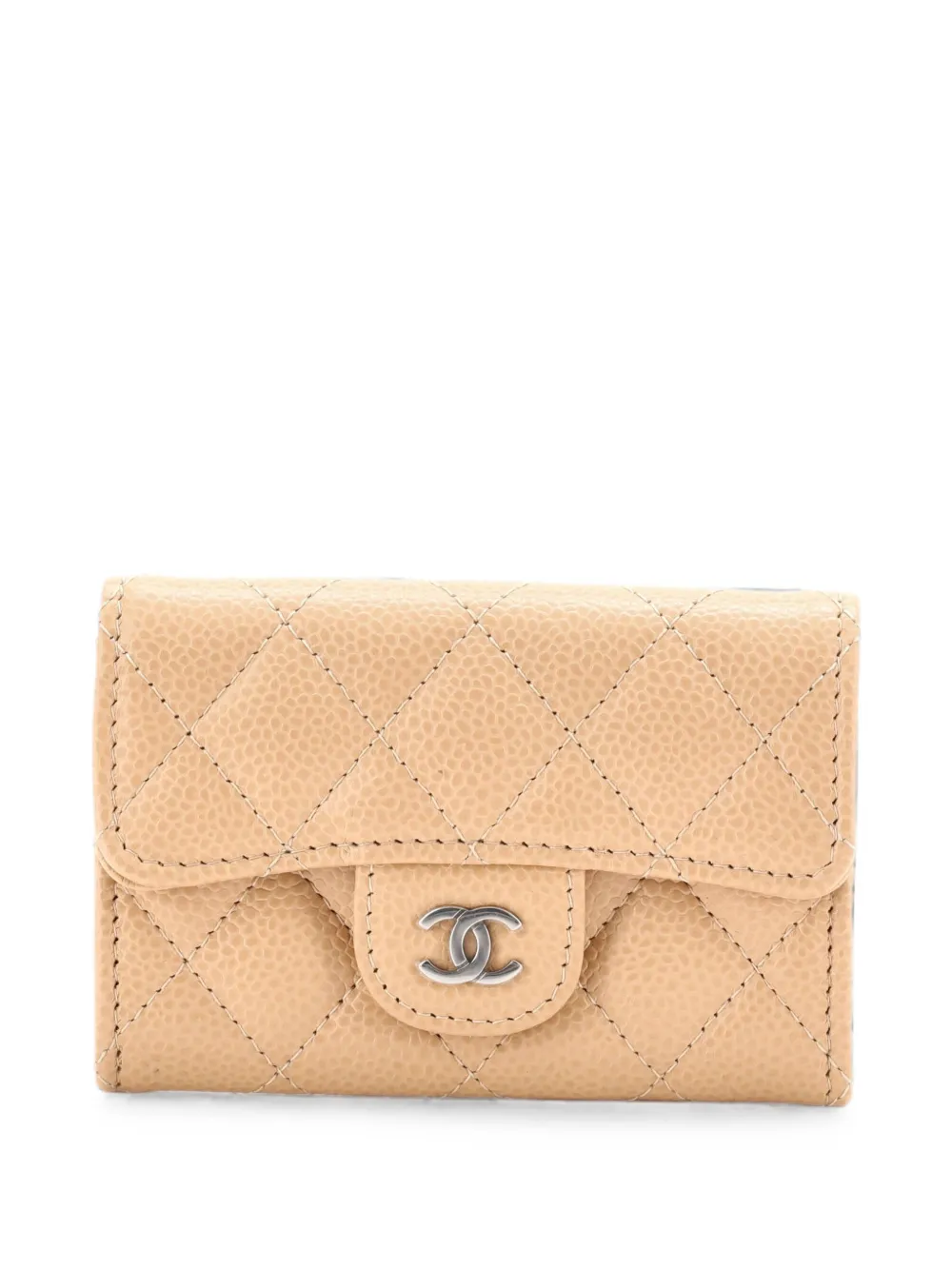 Pre-owned Chanel Classic Flap Case Quilted Caviar Card Holder In Neutral