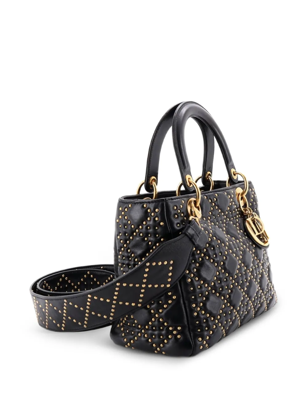 Dior Pre-owned Supple Lady Dior Bag Cannage Studded Lambskin Medium Satchel in Black, view 3