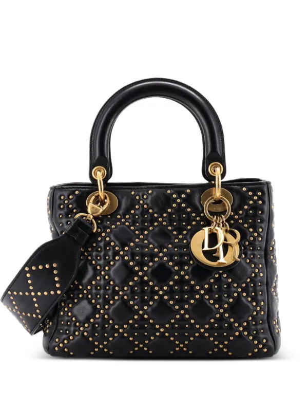 Dior Pre-owned Supple Lady Dior Bag Cannage Studded Lambskin Medium Satchel in Black