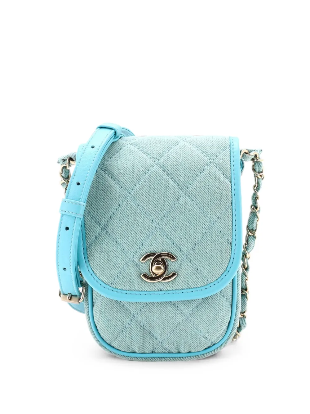 CHANEL Pre-Owned Clutch Flap mini in denim trapuntato con catena - Blu
