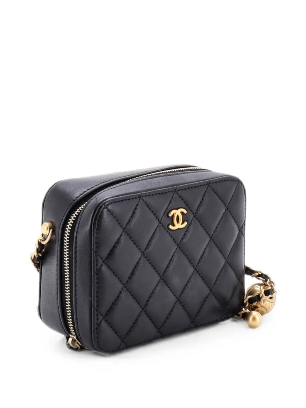  Chanel Pre-owned Pearl Crush Zip Around Vanity Case With Chain Quilted Lambskin Mini Clutch Bag - Noir 