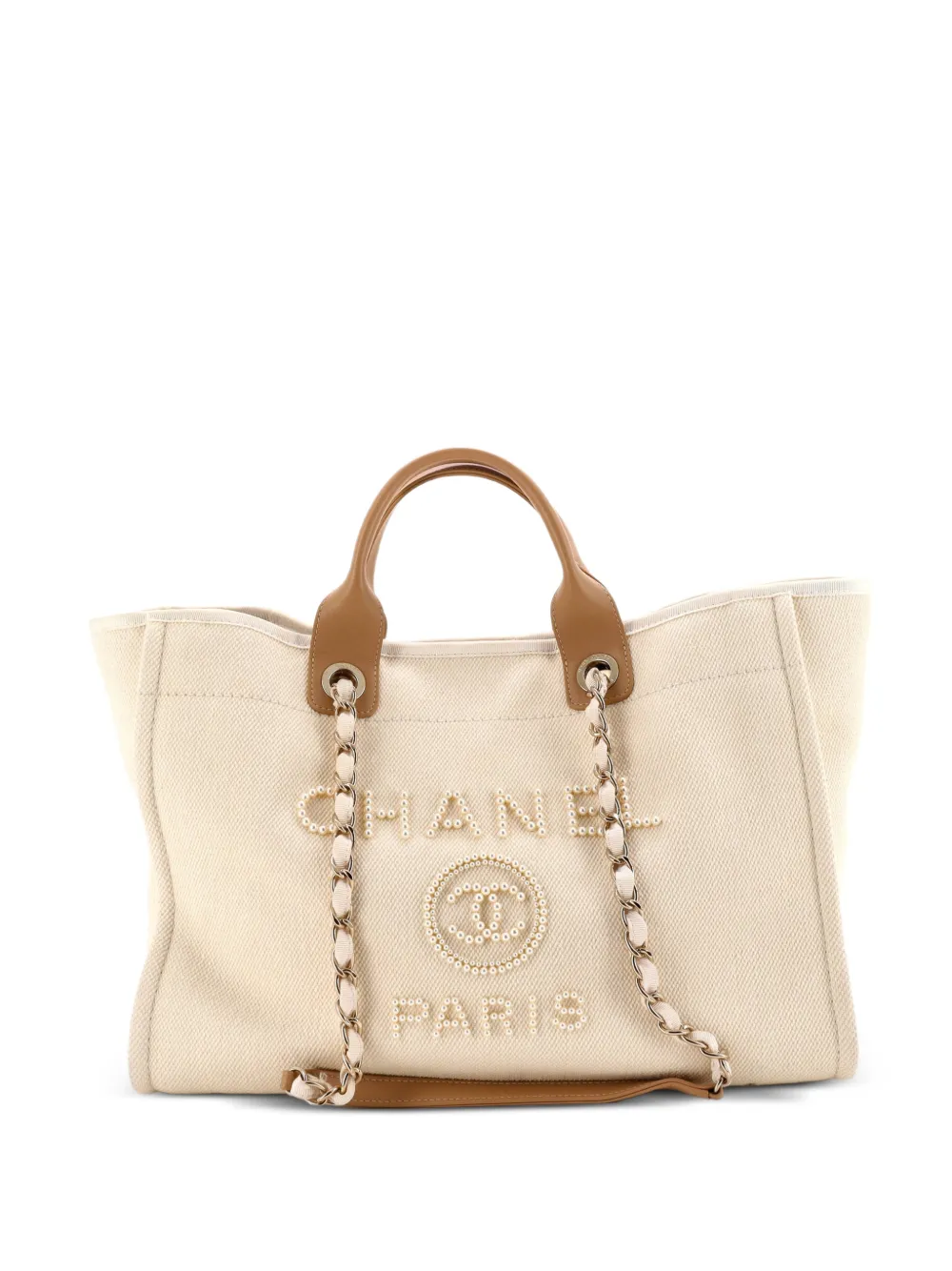 CHANEL Pre-Owned Deauville Pearl Embellished Canvas Medium tote bag - Neutrals