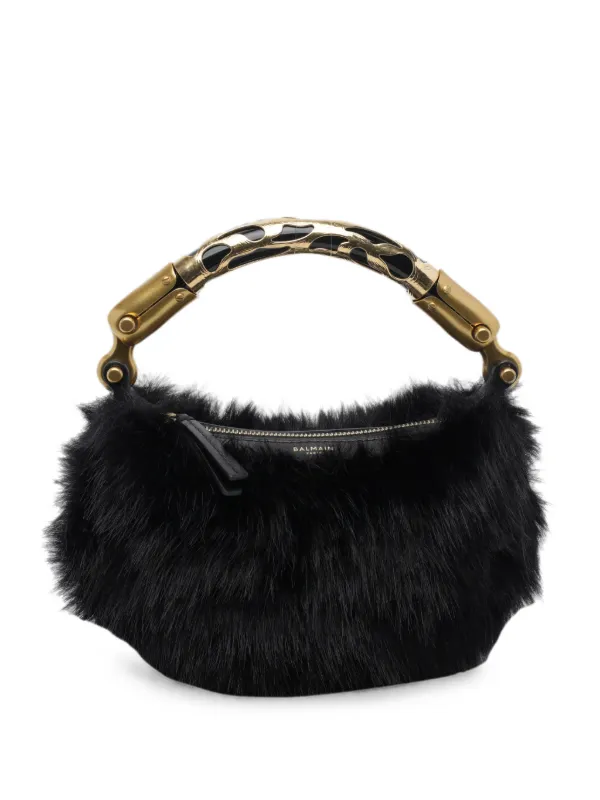 Balmain Mini Ebene Bag in Faux Fur in Black