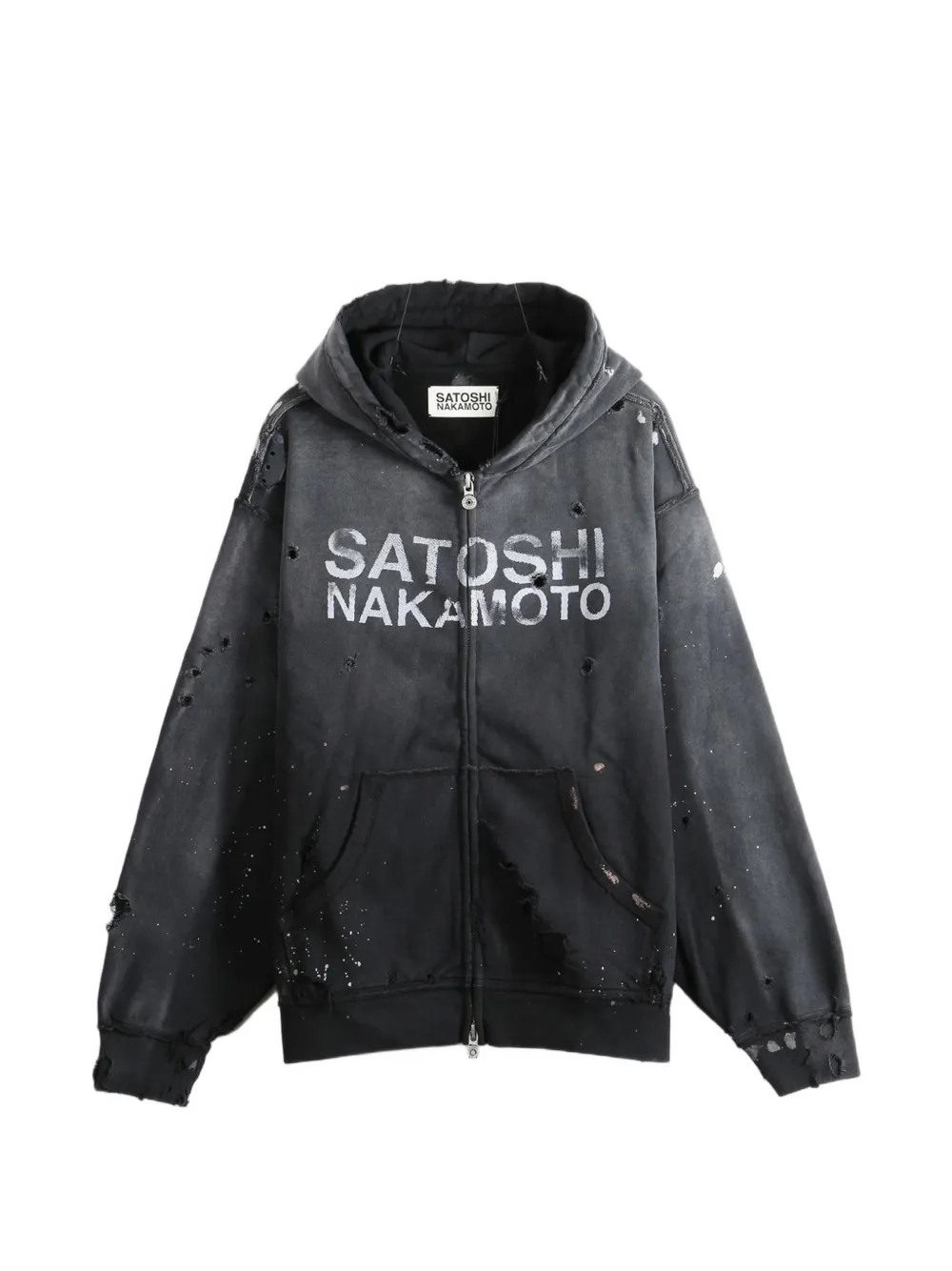 SATOSHI NAKAMOTO distressed logo-print hoodie - Grigio