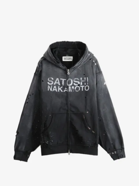 SATOSHI NAKAMOTO distressed logo-print hoodie