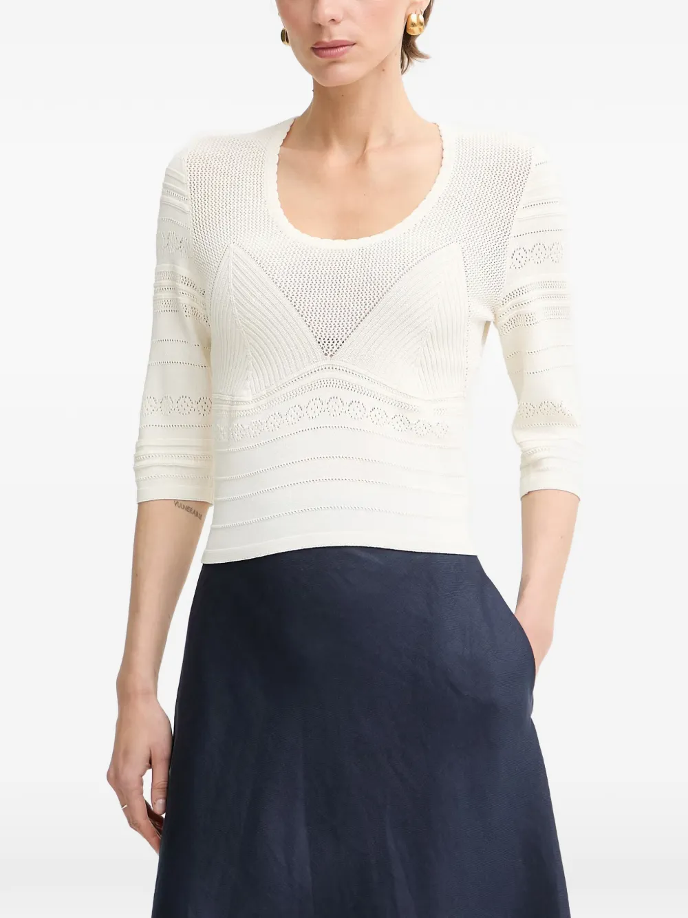 TWINSET pointelle-knit three-quarter sleeve sweater - Bianco