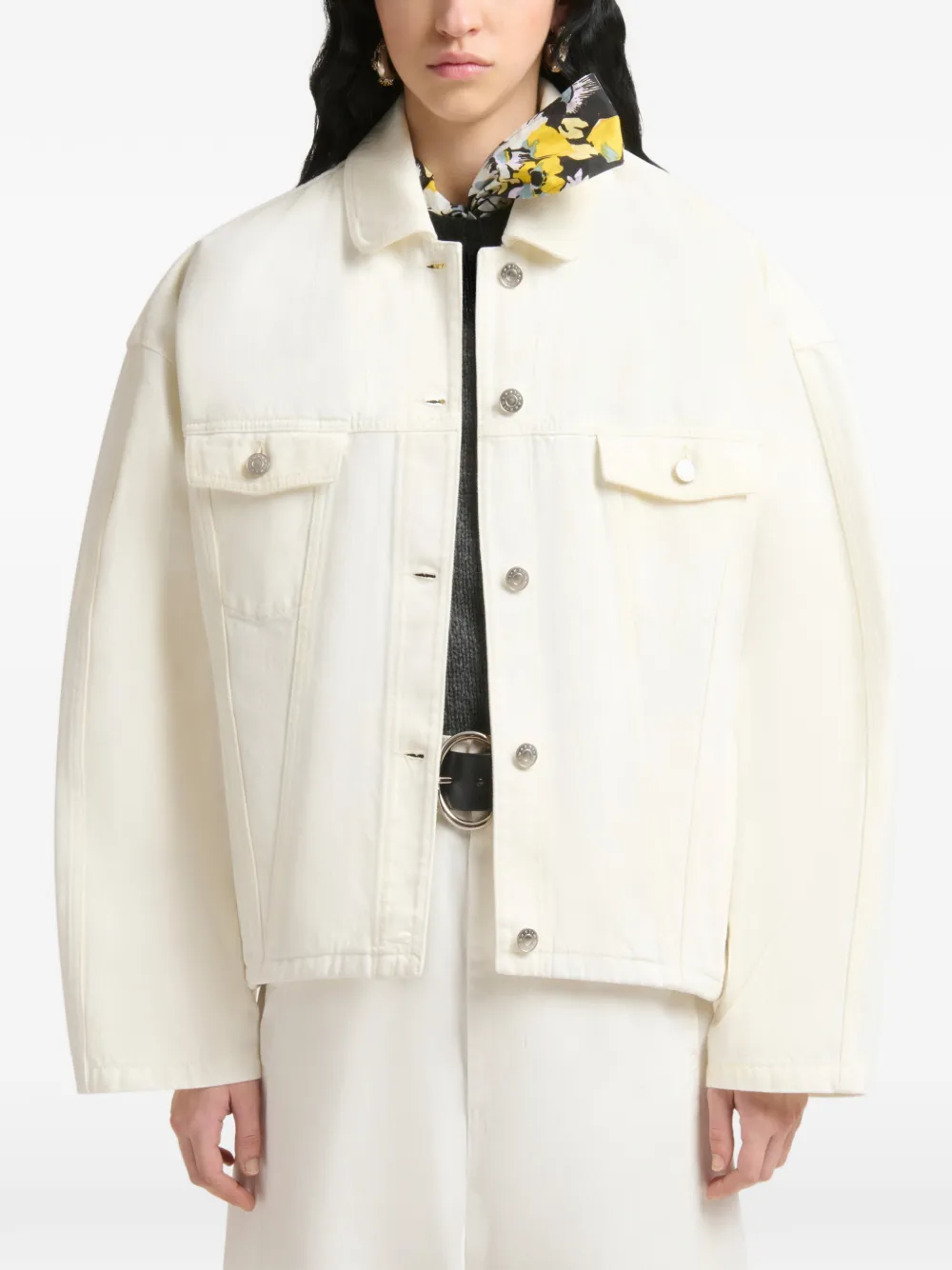 Marni White Denim Jacket with Martingale in Neutrals, view 2