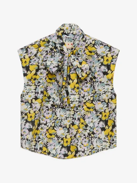 Marni black poplin sleeveless blouse with pop flowers print