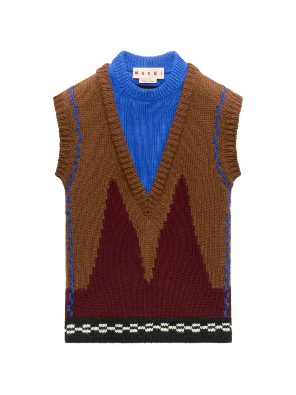 Marni Brown Wool Layered Vest With M Intarsia