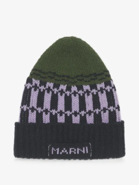 Marni green wool beanie with geometric motif