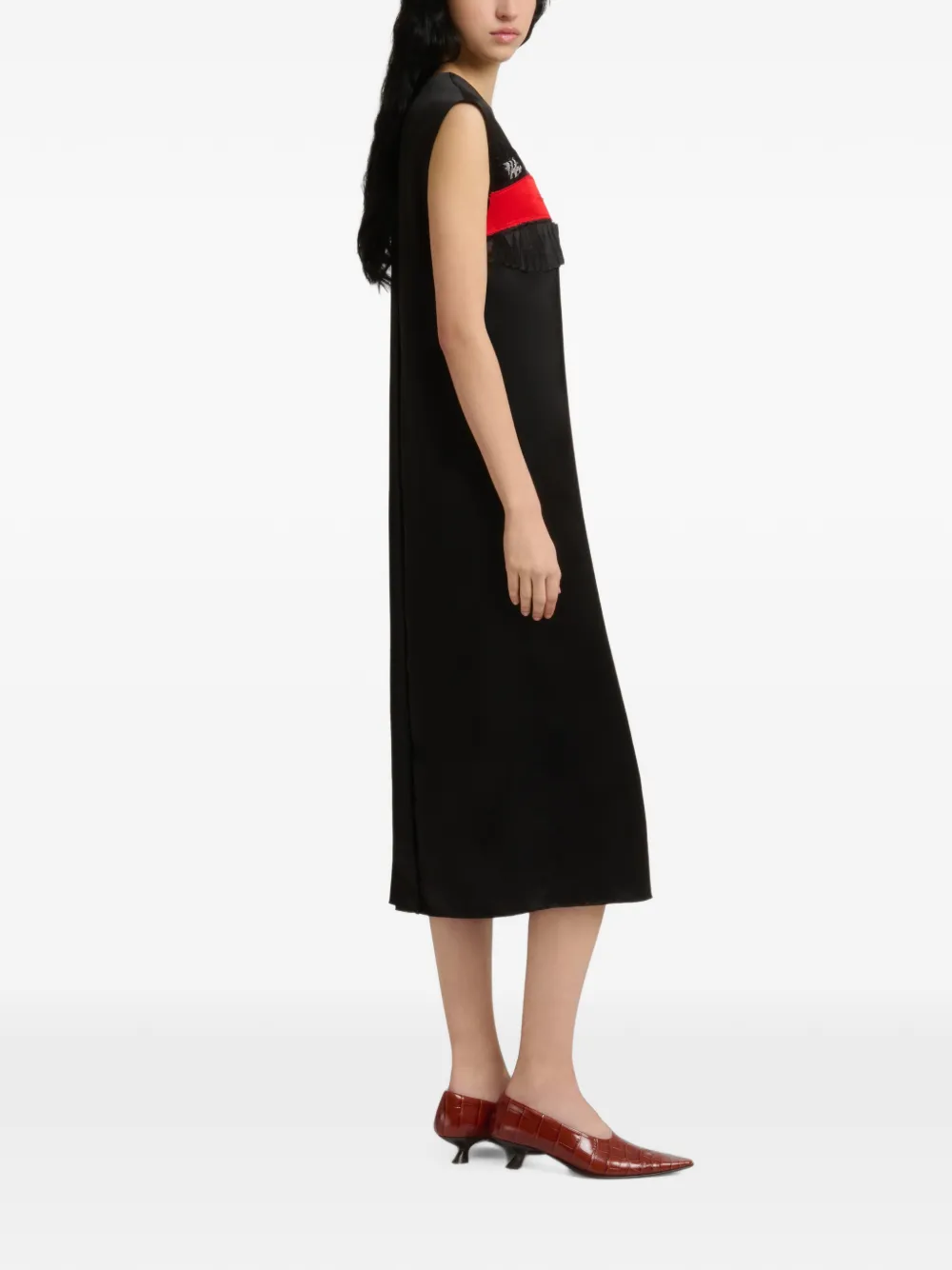 Marni Zwarte satijnen jurk met Crimson Flow-patches