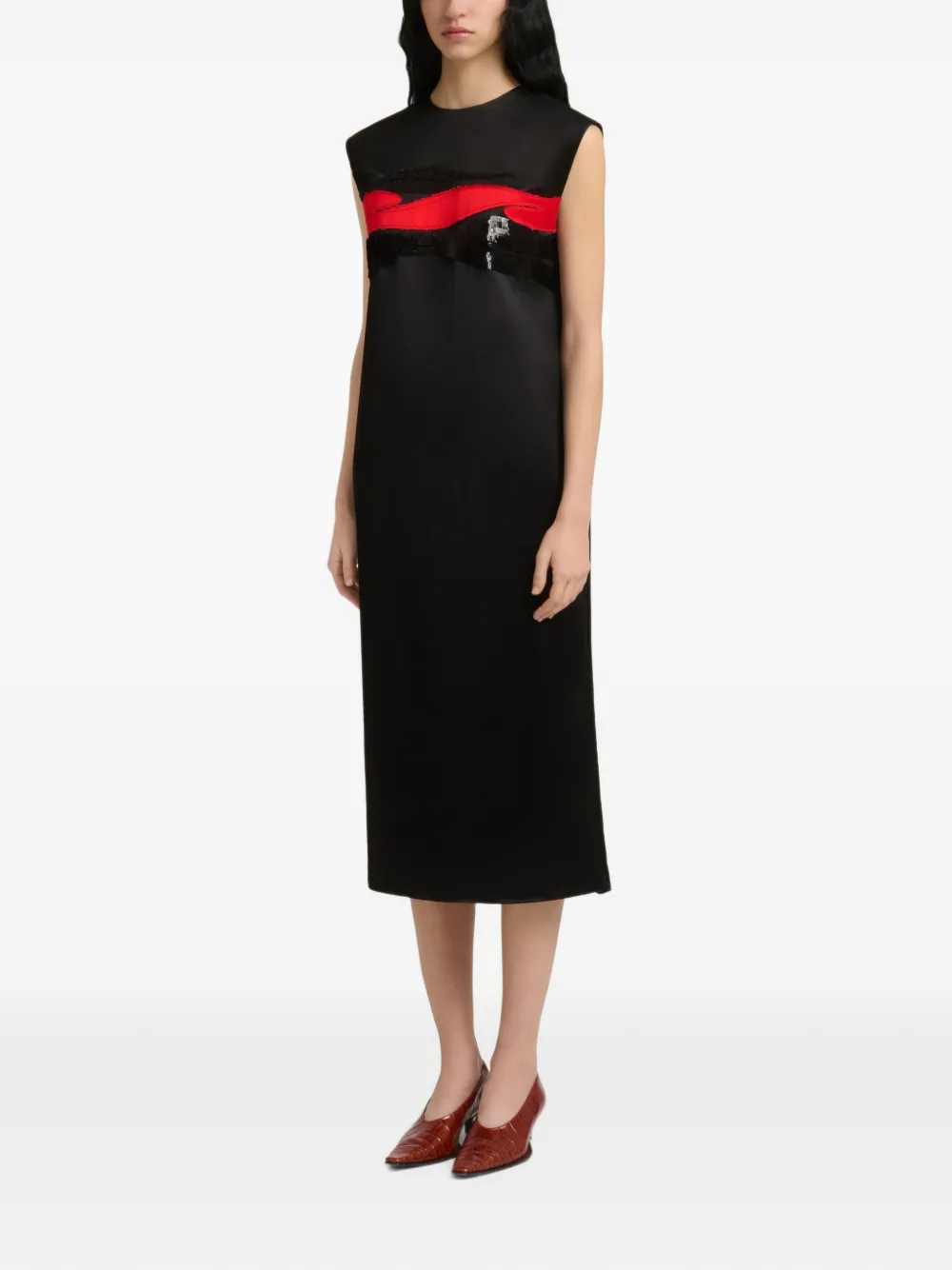 Marni Zwarte satijnen jurk met Crimson Flow-patches