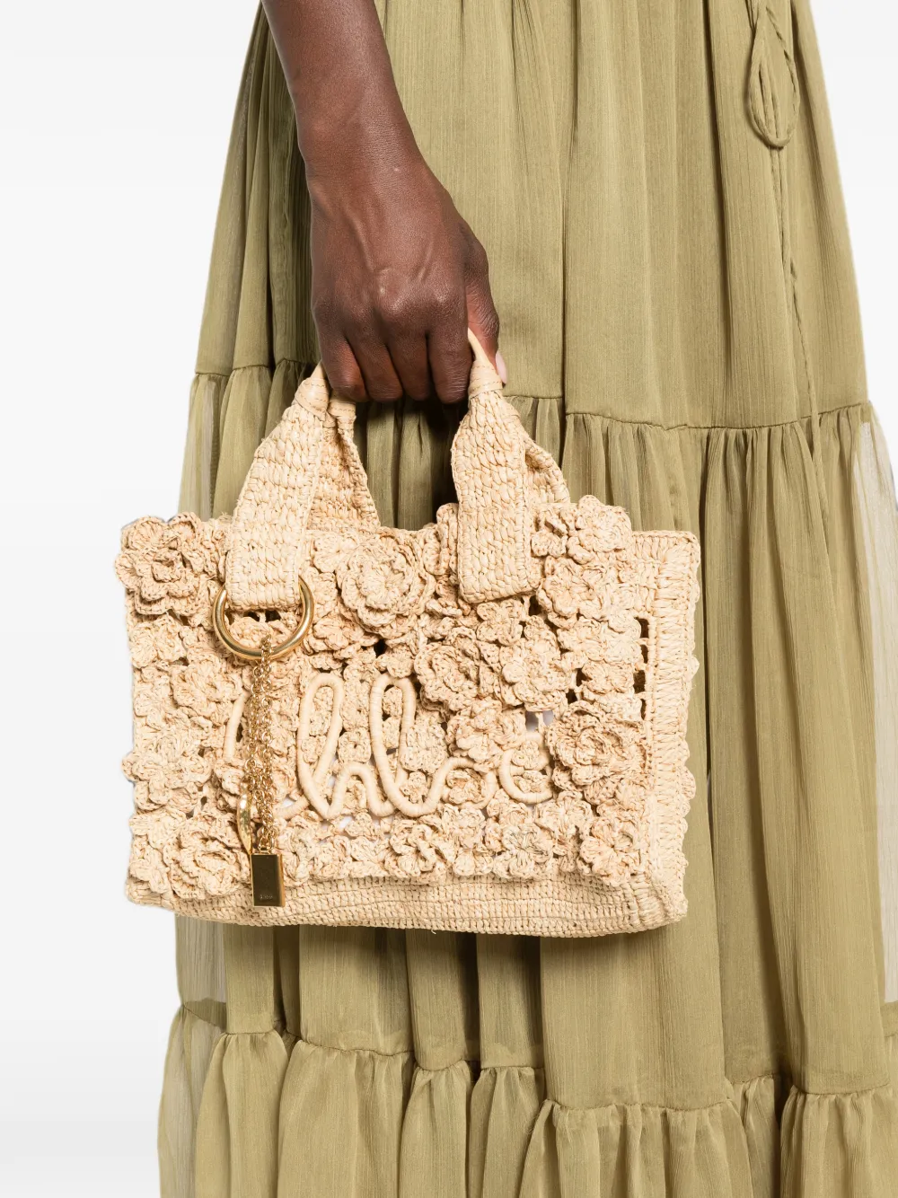 Chloé Summer Banana raffia shopper met gehaakte bloemen Beige