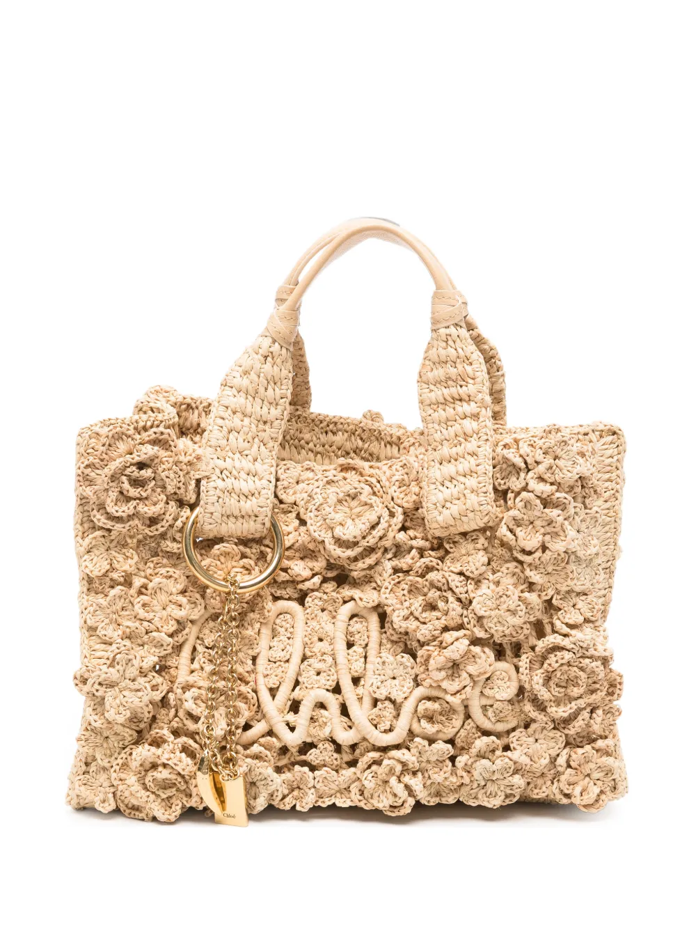 Chloé Summer Banana floral-crochet raffia tote bag - Nude