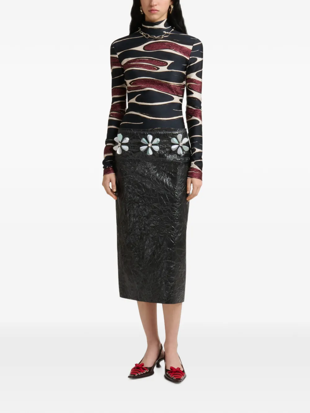 Marni Zwarte gekreukte midi-rok met bloemen-details
