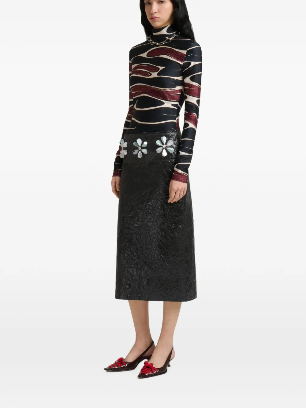Marni Zwarte gekreukte midi-rok met bloemen-details