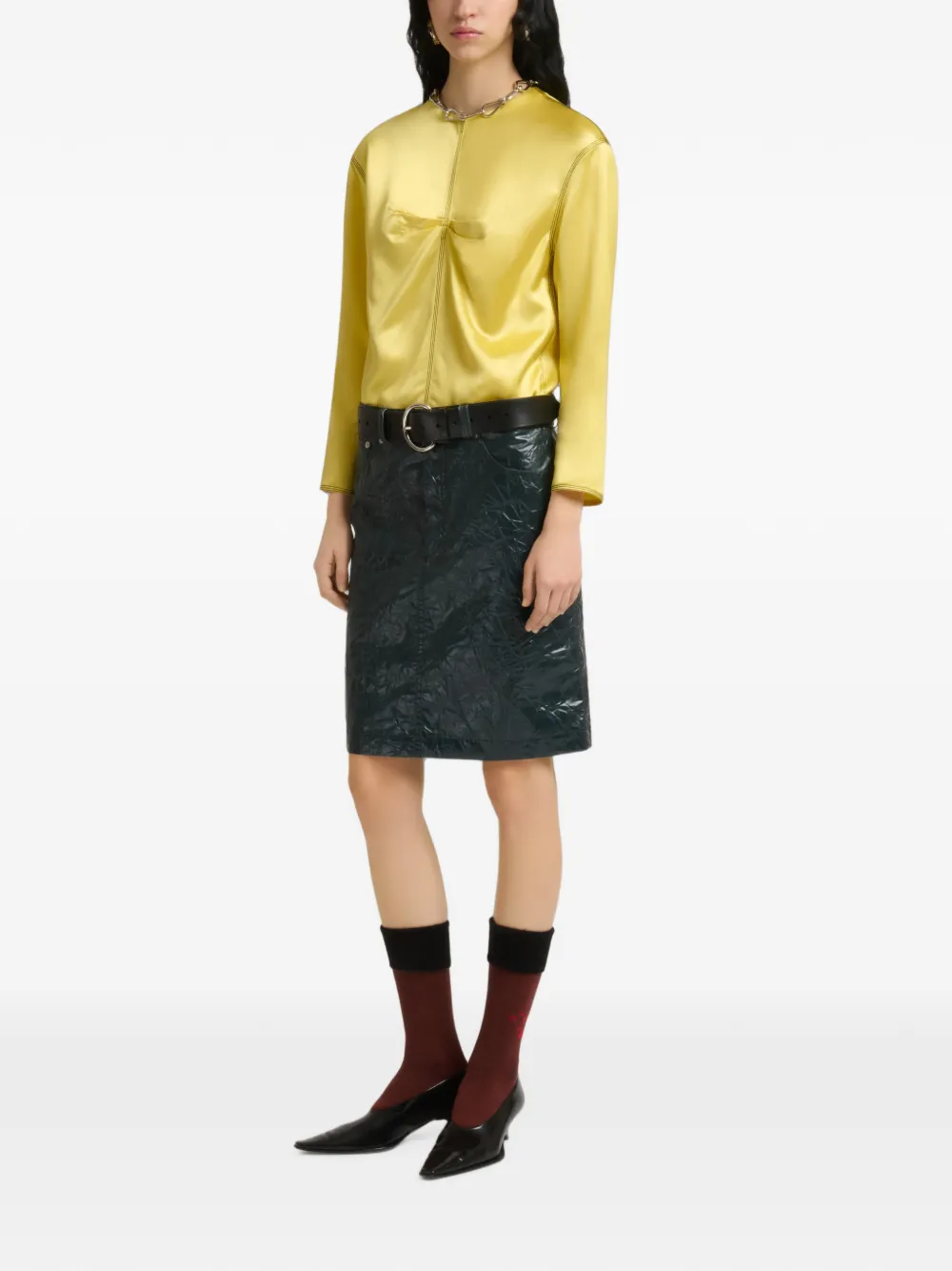 Marni Diepgroene taffeta rok met gekreukt effect