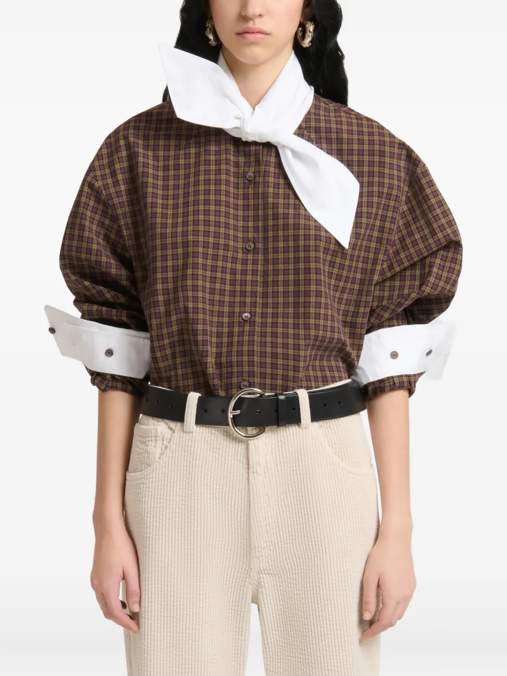 Marni Bruine geruite popeline blouse met gestrikte hals