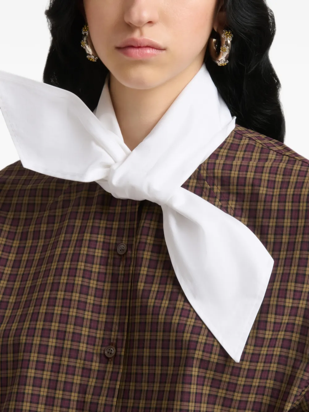Marni Bruine geruite popeline blouse met gestrikte hals