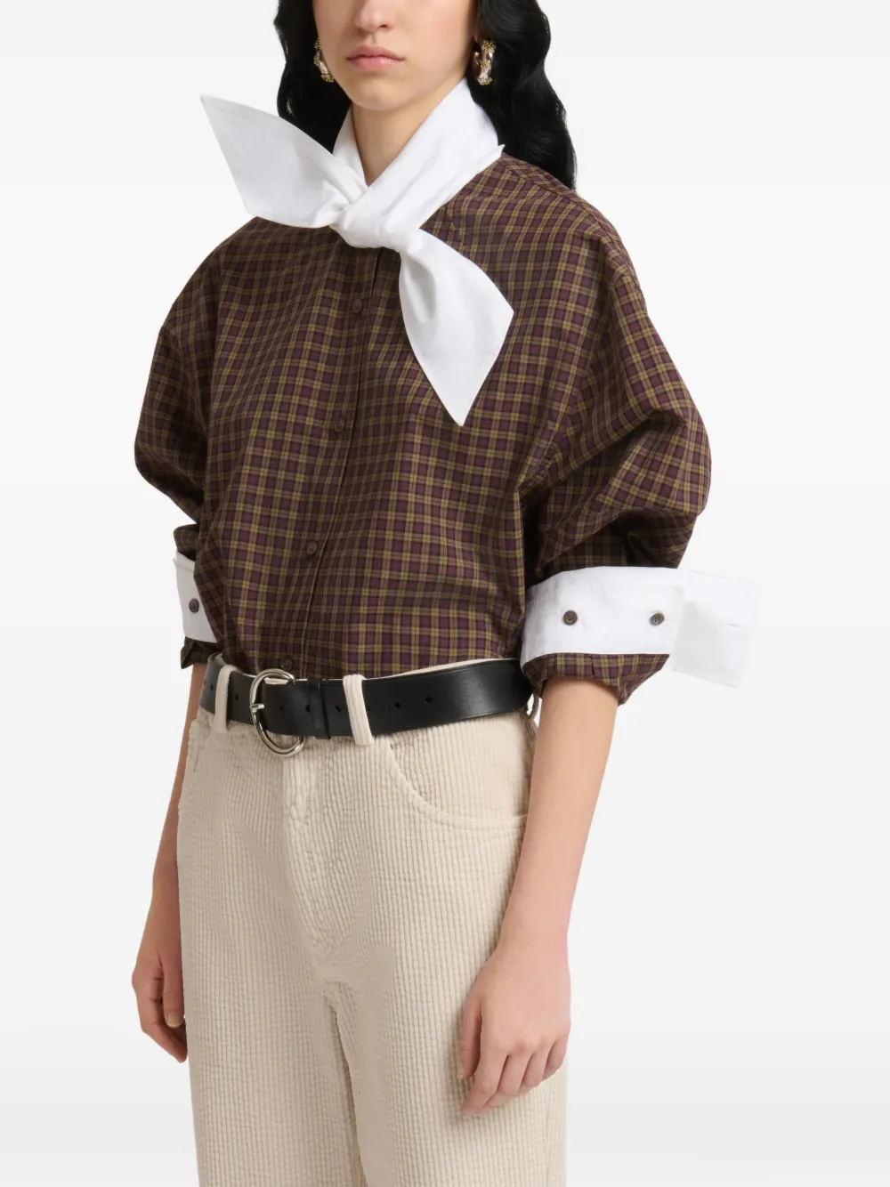 Marni Bruine geruite popeline blouse met gestrikte hals