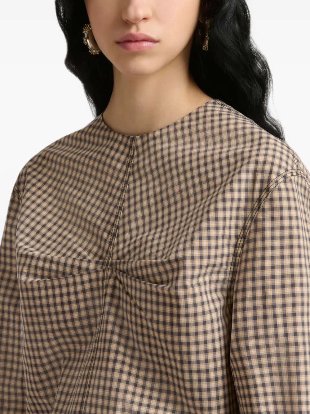 Marni Bruin geruite popeline top met ruches Beige